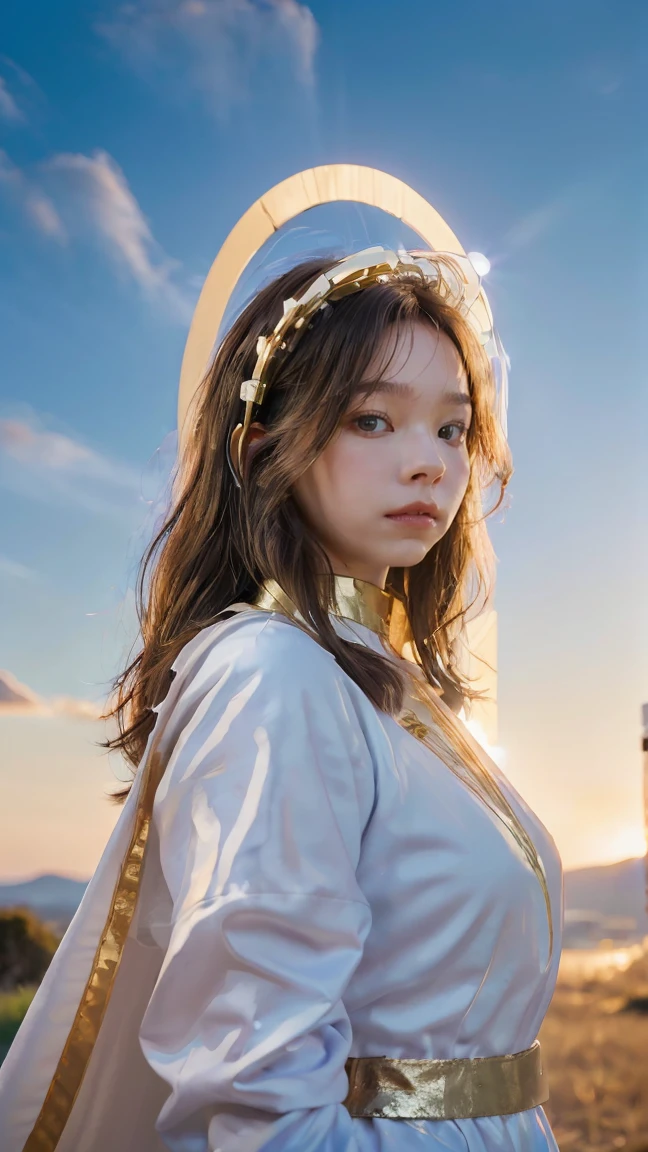 (masterpiece, best quality, extremely detailed), volumetric lighting, ambient occlusion, colorful, glowing), 1girl, solo, young girl, (dark hair), long hair, halo, aura, sacred, goddess, cleric suit, (white outfit with gold detailst:1.3), armor, outdoors, sunset, sky, clouds, space, (fantasy theme:1.2), full armor