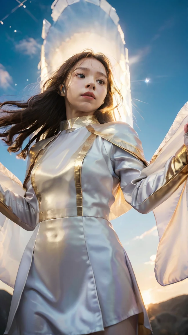 (masterpiece, best quality, extremely detailed), volumetric lighting, ambient occlusion, colorful, glowing), 1girl, solo, young girl, (dark hair), long hair, halo, aura, sacred, goddess, cleric suit, (white outfit with gold detailst:1.3), armor, outdoors, sunset, sky, clouds, space, (fantasy theme:1.2), full armor