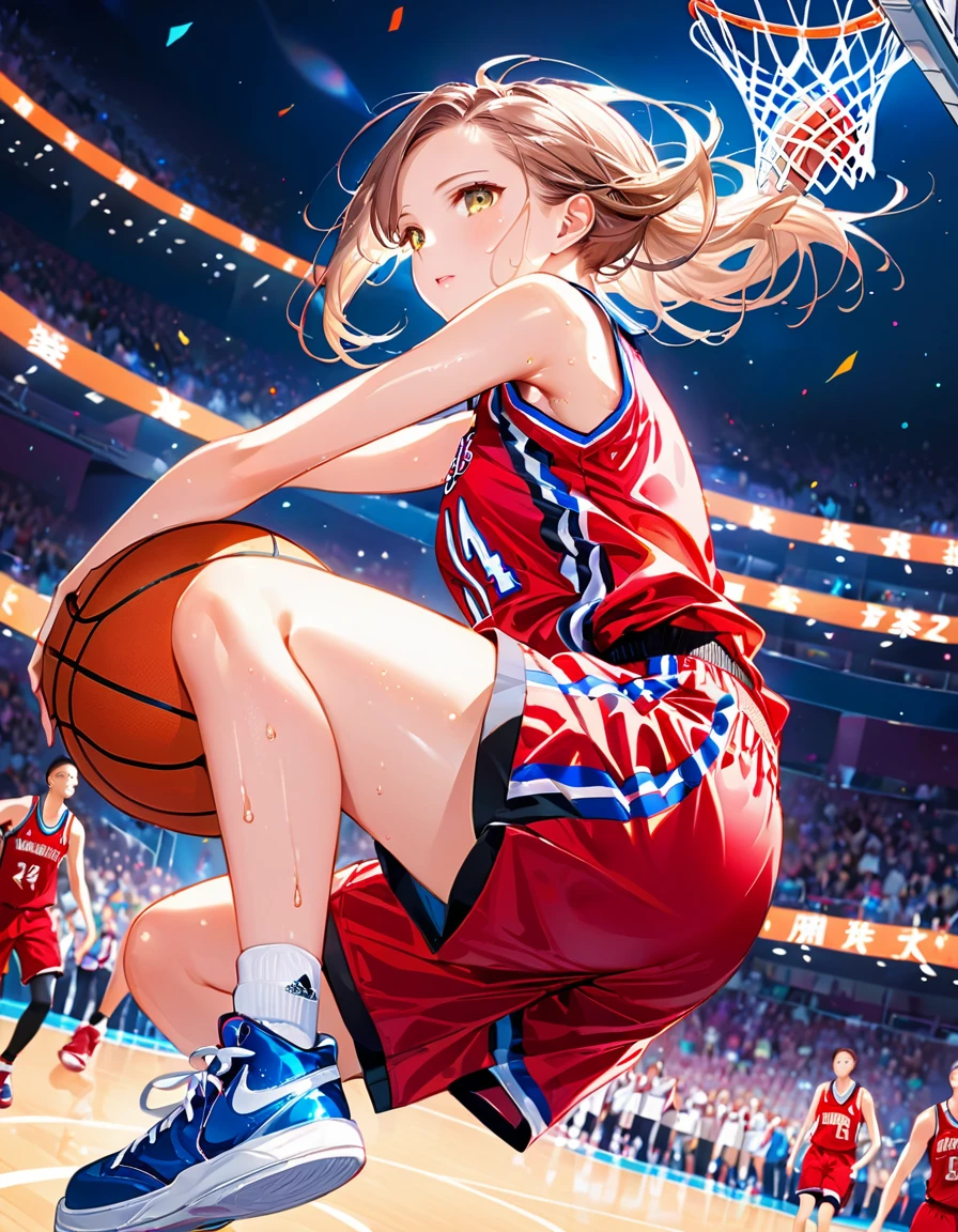 Young beautiful woman,(Highest quality,Extremely detailed depiction,Incredibly absurd high resolution,Anatomically accurate depiction,SFW),(Glowing Skin,Shiny skin,Sweat),basketballの選手,basketballのユニフォーム,basketball,A spectacular dunk shot,The winning goal,background:basketballの試合中,From directly below:1.3