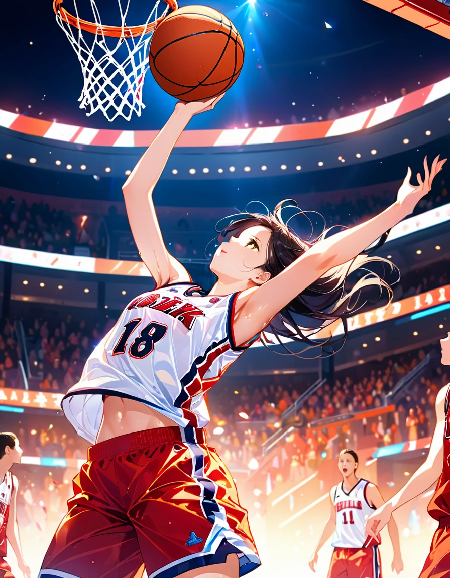 Young beautiful woman,(Highest quality,Extremely detailed depiction,Incredibly absurd high resolution,Anatomically accurate depiction,SFW),(Glowing Skin,Shiny skin,Sweat),basketballの選手,basketballのユニフォーム,basketball,A spectacular dunk shot,The winning goal,background:basketballの試合中,From directly below:1.3
