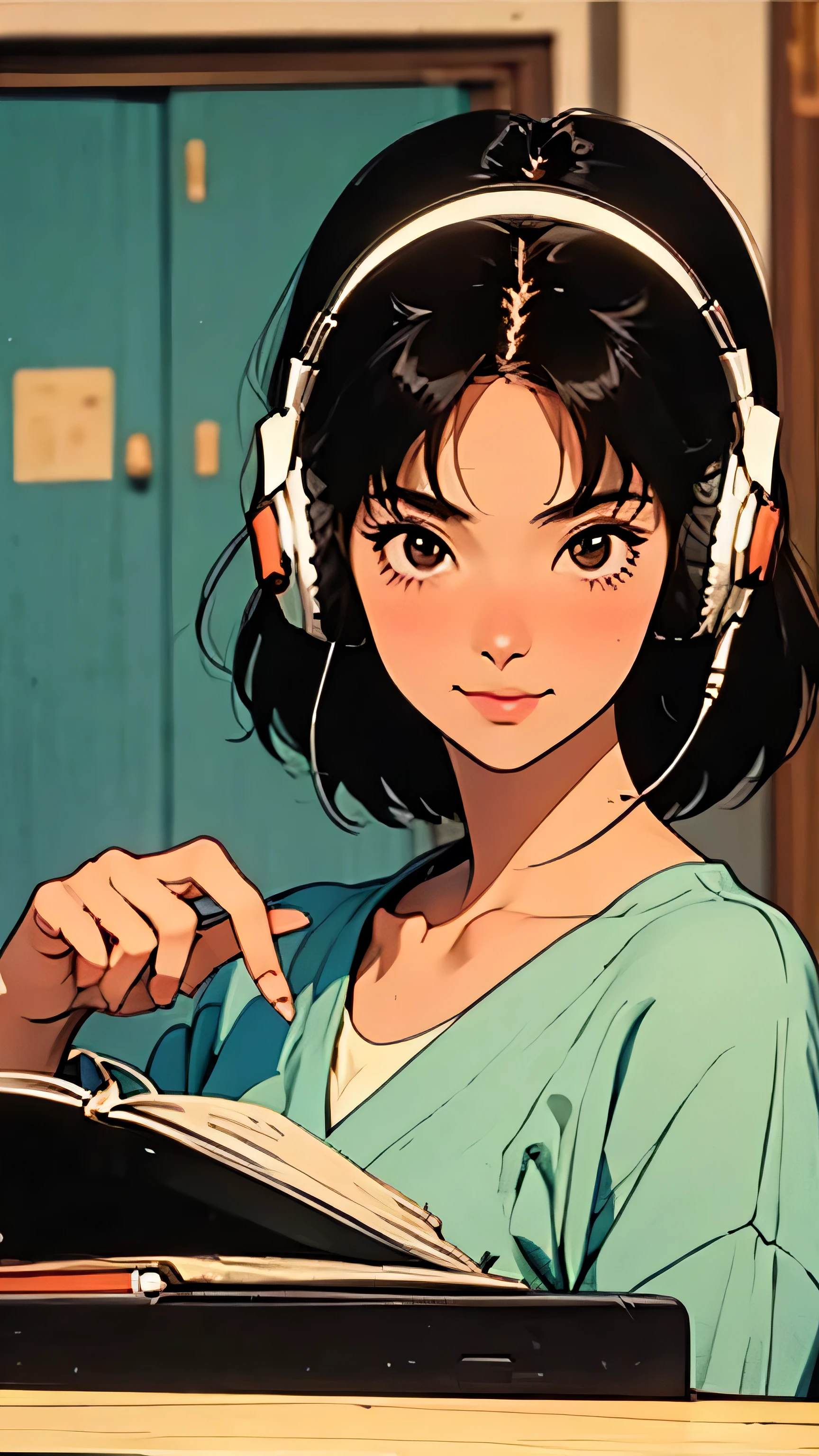 Cute girl, holding a cassette tape in her hands, pointing the cassette tape forward. Ghibli style, woman looks very happy. Eyes, sexy face, 80's style, headphones,
