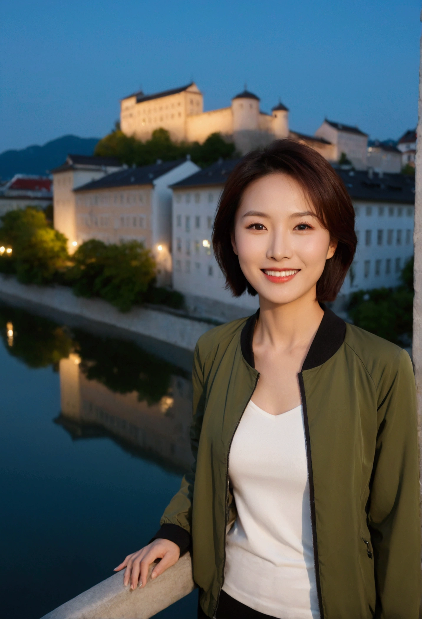 high quality, 1 woman, ((36-year-old healthy Korean woman)), ((36 years old)), 1 woman, eyes are big and beautiful. ((slim)), ((short medium hair)), Smile. pose: standing, windbreaker jacket, background:Your residence is a baroque townhouse with a plaster façade and wrought iron railings.. Overlooking the Salzach River and Hohensalzburg Fortress, red light of sunset, looking slightly up, 1 woman, Full body shot with Canon 16-34 wide angle lens, river view, looking up the side, red light of sunset이 강하게 비친다.