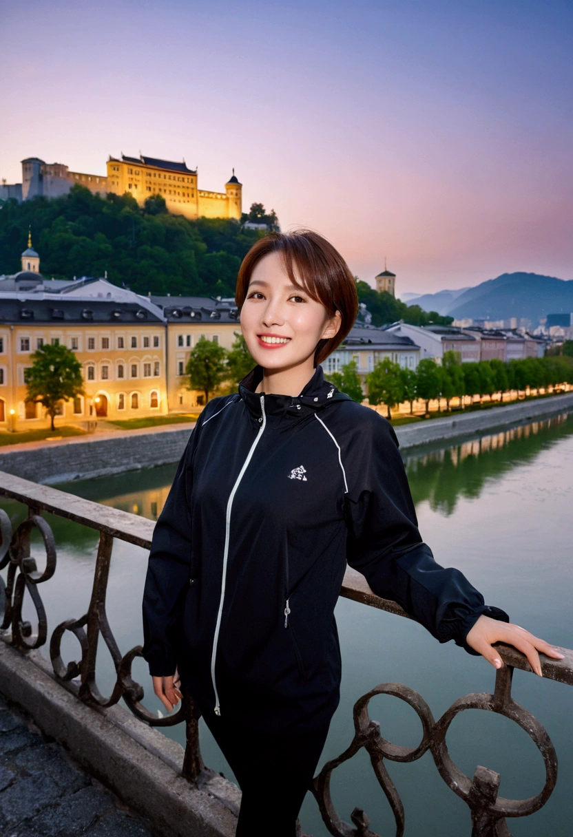 high quality, 1 woman, ((36-year-old healthy Korean woman)), ((36 years old)), 1 woman, eyes are big and beautiful. ((slim)), ((short medium hair)), Smile. pose: standing, windbreaker jacket, background:Your residence is a baroque townhouse with a plaster façade and wrought iron railings.. Overlooking the Salzach River and Hohensalzburg Fortress, red light of sunset, looking slightly up, 1 woman, Full body shot with Canon 16-34 wide angle lens, river view, looking up the side, red light of sunset이 강하게 비친다.
