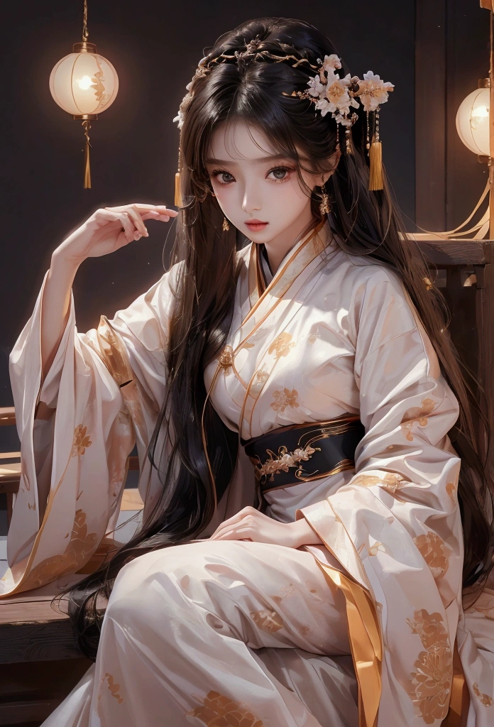 Best image quality、8K、masterpiece:1.3))、Realistic high-quality photos、Highest quality、 Beautiful face、Photos of slim models、Beautiful girl model、Young and pretty face、Beautiful model girl、A lovely and delicate face、Black Hair、Beautiful brown eyes、Young Body、Hanfu, (emphasize)、from the front、Camera gaze,、Anatomically correct、胸の谷間をemphasize、whole body、13-year-old female model