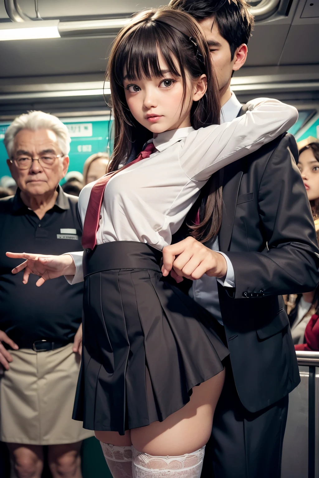 (SFW), ((photorealistic)), (masterpiece), (best quality:1.3), absurdness, [:intricate details1.3], SFW, realistic, masterpiece, (((VERY crowded subway train interior detailed scenario, VERY crowded subway train interior detailed background))), standing insanely hot (young small girl1) using sexy ((skirt)), ((behind skirt lifted)), ((3/4 white stockings)), ((big ass)), ((thick thighs)), ((fear/shocked expression)), (blushed face), (perfect body proportions)), old small man ass groping young small girl 1 from behind, (((old small man pressing his chest on young woman 1 back))) and (((holding her waist behind her)))
