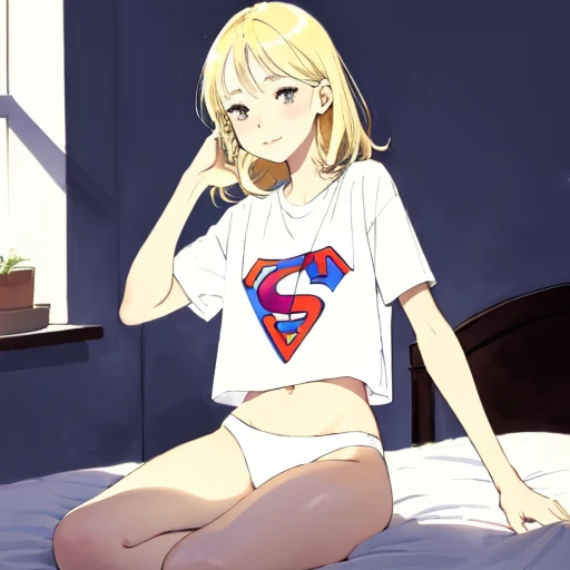 (superflat, flat shading, flat colors:1.1), (bedroom), 3girls, loli, child, flat chest, blonde hair, white t-shirt, (white panties), smile, blush, standing, selfie, (bottom, from behind), view from below, (low angle), bright sunlight, best shadows, watercolor,