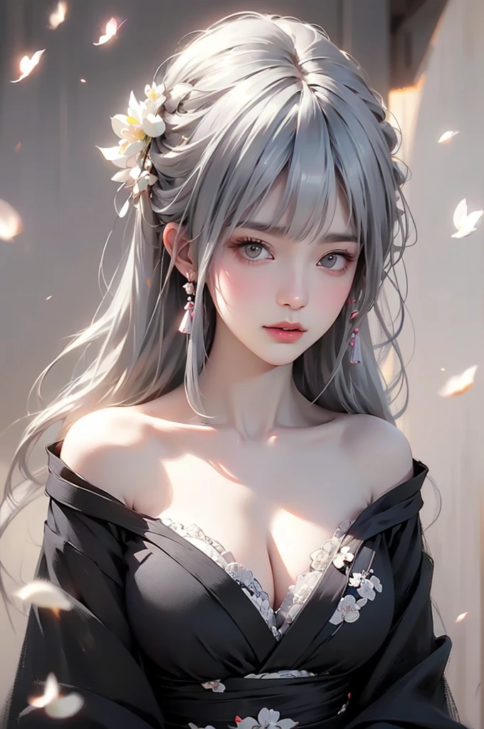 super high quality, masterpiece, Perfect illustration, Very detailed (Exquisite light and shadow, Very dramatic photo,Backlight) , ((Gray Hair:1.5))1 Girl,(( alone:1.6)), (Wearing Japanese clothes, Black and white kimono,Monotony,Long sleeve) Flower Field, Flowers, (White smoke:1.3) (Realistic:1.4), Zen Intertwining, Tangled, Official Art, unity 8k wallpaper, Very detailed, Beautiful and beautiful, masterpiece, Highest quality, (Dynamic Angle: 1.4), Glowing Skin, (Floating colorful flashes: 1) The most beautiful chaotic shapes, elegant, Brutalist Design, Bright colors, Romantic Depth of Field Exotic_dance, half_naked、Expose your shoulders、Ample breasts、Great cleavage、(from forward)
