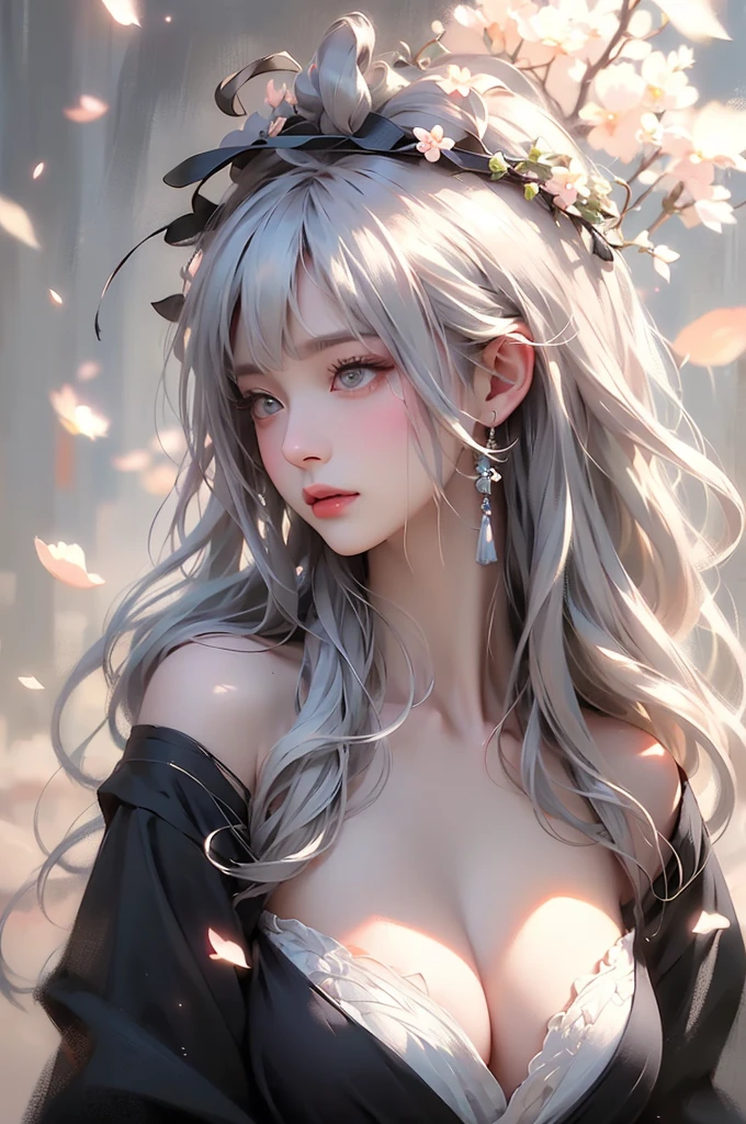 super high quality, masterpiece, Perfect illustration, Very detailed (Exquisite light and shadow, Very dramatic photo,Backlight) , ((Gray Hair:1.5))1 Girl,(( alone:1.6)), (Wearing Japanese clothes, Black and white kimono,Monotony,Long sleeve) Flower Field, Flowers, (White smoke:1.3) (Realistic:1.4), Zen Intertwining, Tangled, Official Art, unity 8k wallpaper, Very detailed, Beautiful and beautiful, masterpiece, Highest quality, (Dynamic Angle: 1.4), Glowing Skin, (Floating colorful flashes: 1) The most beautiful chaotic shapes, elegant, Brutalist Design, Bright colors, Romantic Depth of Field Exotic_dance, half_naked、Expose your shoulders、Ample breasts、Great cleavage、(from forward)