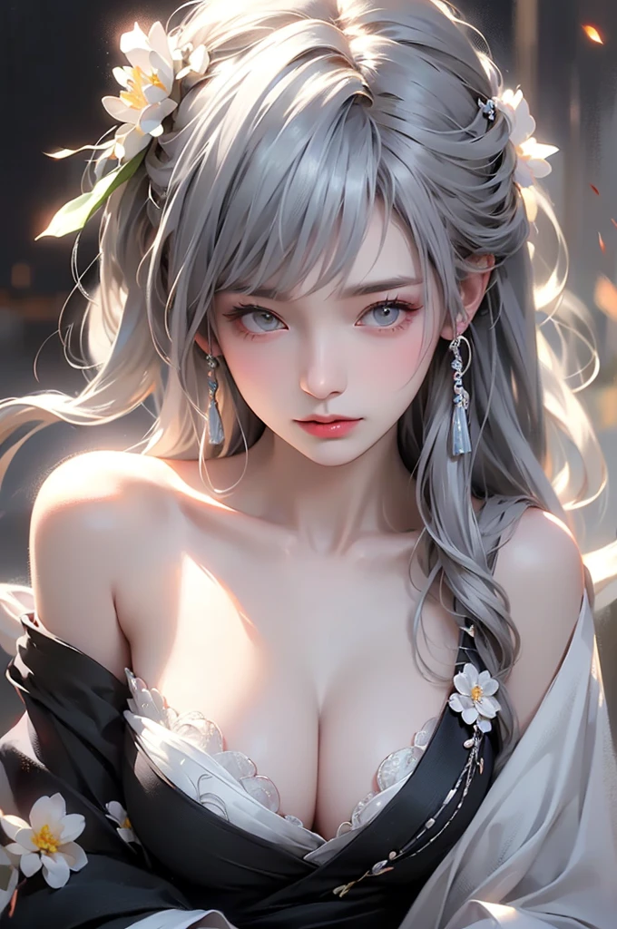 super high quality, masterpiece, Perfect illustration, Very detailed (Exquisite light and shadow, Very dramatic photo,Backlight) , ((Gray Hair:1.5))1 Girl,(( alone:1.6)), (Wearing Japanese clothes, Black and white kimono,Monotony,Long sleeve) Flower Field, Flowers, (White smoke:1.3) (Realistic:1.4), Zen Intertwining, Tangled, Official Art, unity 8k wallpaper, Very detailed, Beautiful and beautiful, masterpiece, Highest quality, (Dynamic Angle: 1.4), Glowing Skin, (Floating colorful flashes: 1) The most beautiful chaotic shapes, elegant, Brutalist Design, Bright colors, Romantic Depth of Field Exotic_dance, half_naked、Expose your shoulders、Ample breasts、Great cleavage、(from forward)