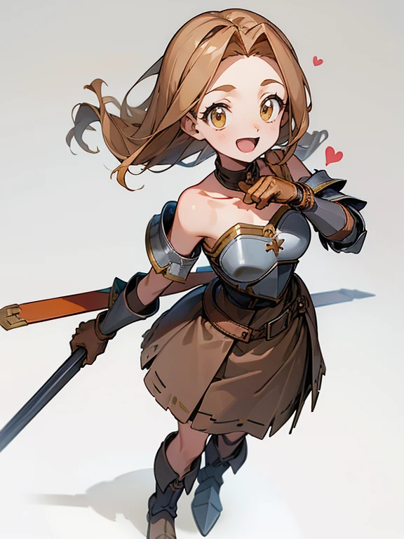 
((1 masterpiece, high resolution, best quality, 4k quality)), beautiful imagen, same character, 1 girl, solo,  in love, excited,very happy, smile, open mouth, adventurers, musketeer, rpg, medium breasts, golden almond eyes, long brown hair, drill hair, hip bones, collarbone, skirt, school skirt, blouse, school blouse, ((leather armor)), leather breastplate, heart plate, leather gloves, asymmetrical gloves, leather boots, asymmetrical footwear, heeled boots, shoulder armor, ((single shoulder)), leather corsette, chest harness, full body, standing, ,simple background, gray background,
