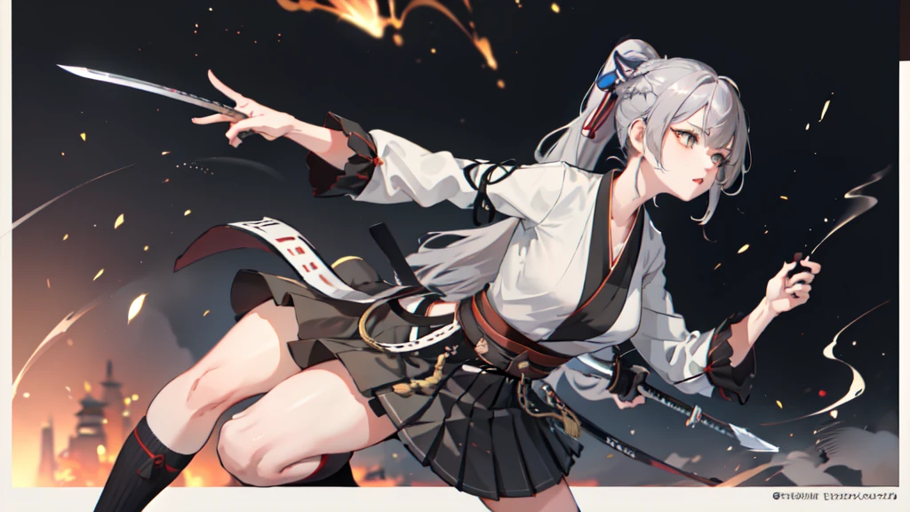 One girl, kimono, ponytail ,Gray Hair, Grey Eyes, wallpaper, landscape, Depth of written boundary, night,Shinsengumi, Kyoto, Holding a Japanese sword in his right hand, Striped pattern, Particles of light, light, Side Lighting, Thighs, destiny \(series\), Genshin Impact, Open jacket, skirt, Knee socks, cloud,
