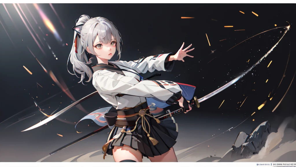 One girl, kimono, ponytail ,Gray Hair, Grey Eyes, wallpaper, landscape, Depth of written boundary, night,Shinsengumi, Kyoto, Holding a Japanese sword in his right hand, Striped pattern, Particles of light, light, Side Lighting, Thighs, destiny \(series\), Genshin Impact, Open jacket, skirt, Knee socks, cloud,
