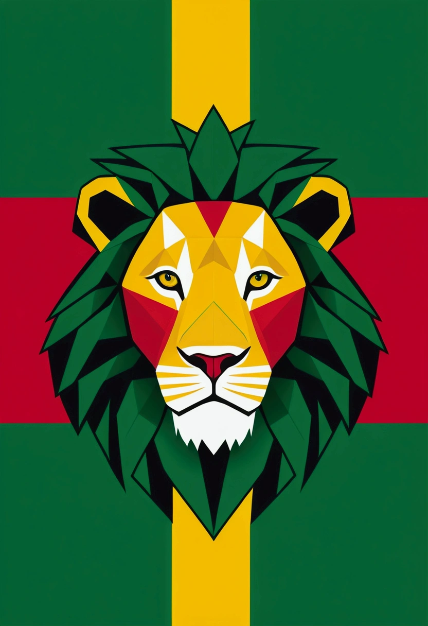 minimalist geometric logo of a lion in green,yellow,rot, jamaica flag background power, strength