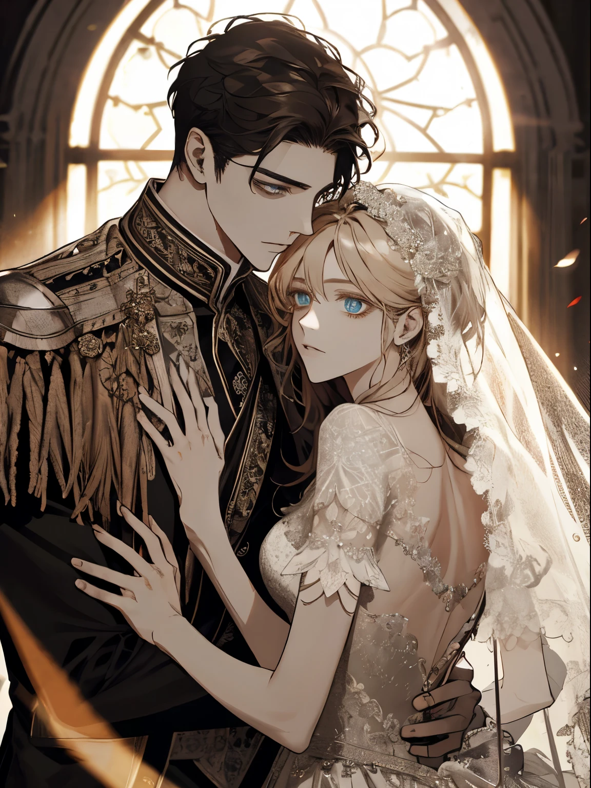 (extreamly delicate and beautiful:1.2), 8K, (masterpiece, best:1.0), Two Men, body complet, a blond, black-haired, seethru , knights, Man wearing a veil、Wedding between guys, sacred place, and intricate detailing, and intricate detailing, finely eye and detailed face, Perfect eyes, Equal eyes, (A male god), Fantastic lights and shadows、landscapes、florals, Uses backlight and rim light