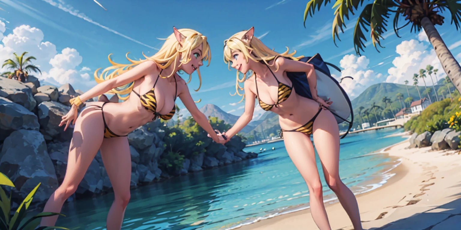 forehead-to-forehead, 2girls, yuri (Elven Forest) and (Bozed Co Palesti) Subject: Woman in yellow tiger print bikini
Additional details:
Activity: Standing confidently on a beach or a poolside.
Background: Sunny day with clear skies (add palm trees for a beach setting).
Expression: Smiling and having fun.
Pose: Full body shot that is flattering and appropriate for swimwear.