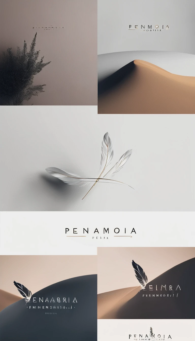 A minimal, modern, simple, cinematic logo design for the brand “Penamemoria". Create a modern, minimalistic, high-quality, logo of a dreamy. fantastic, poetic, masterpiece feather of Memories