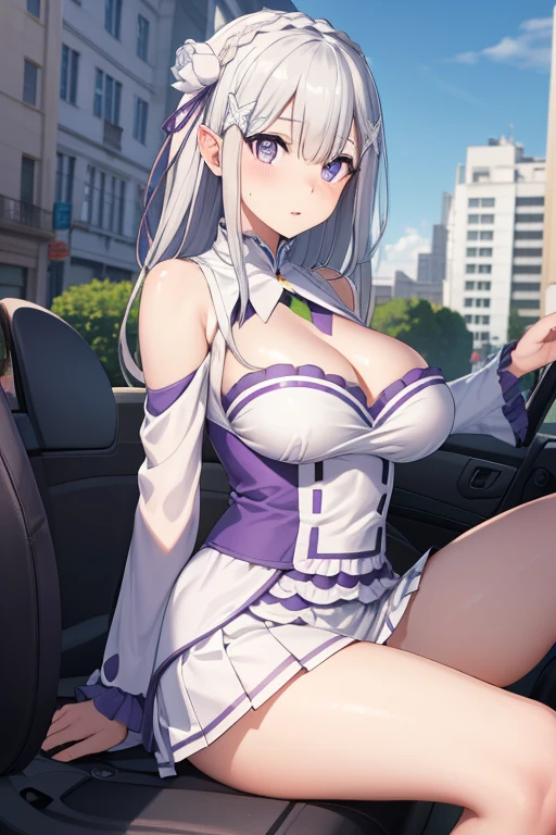 RezeroEmilia, emilia, braid, crown braid, flower, hair flower, hair ornament, hair Love, wide, pointy ears, (purple eyes:1.2), by white, x hair ornament,
BREAK detached neck, separate sleeves, mangas con steering wheels, steering wheels, long sleeves, miniSkirt, pleated Skirt, Love, Skirt, Thighs, white Skirt, white sleeves, white Thighs, wide sleeves, The Great Passage,
REST outdoors, City,
REST looking at the viewer, BREAK (Masterpiece:1.2), Best Quality, high resolution, unity wallpaper 8k, (illustration:0.8), (Beautiful detailed eyes:1.6), extremely detailed face, perfect lighting, Extremely detailed CG, (perfect hands, perfect anatomy), big breasts, deep neckline, big breasts, deep neckline, NSFW