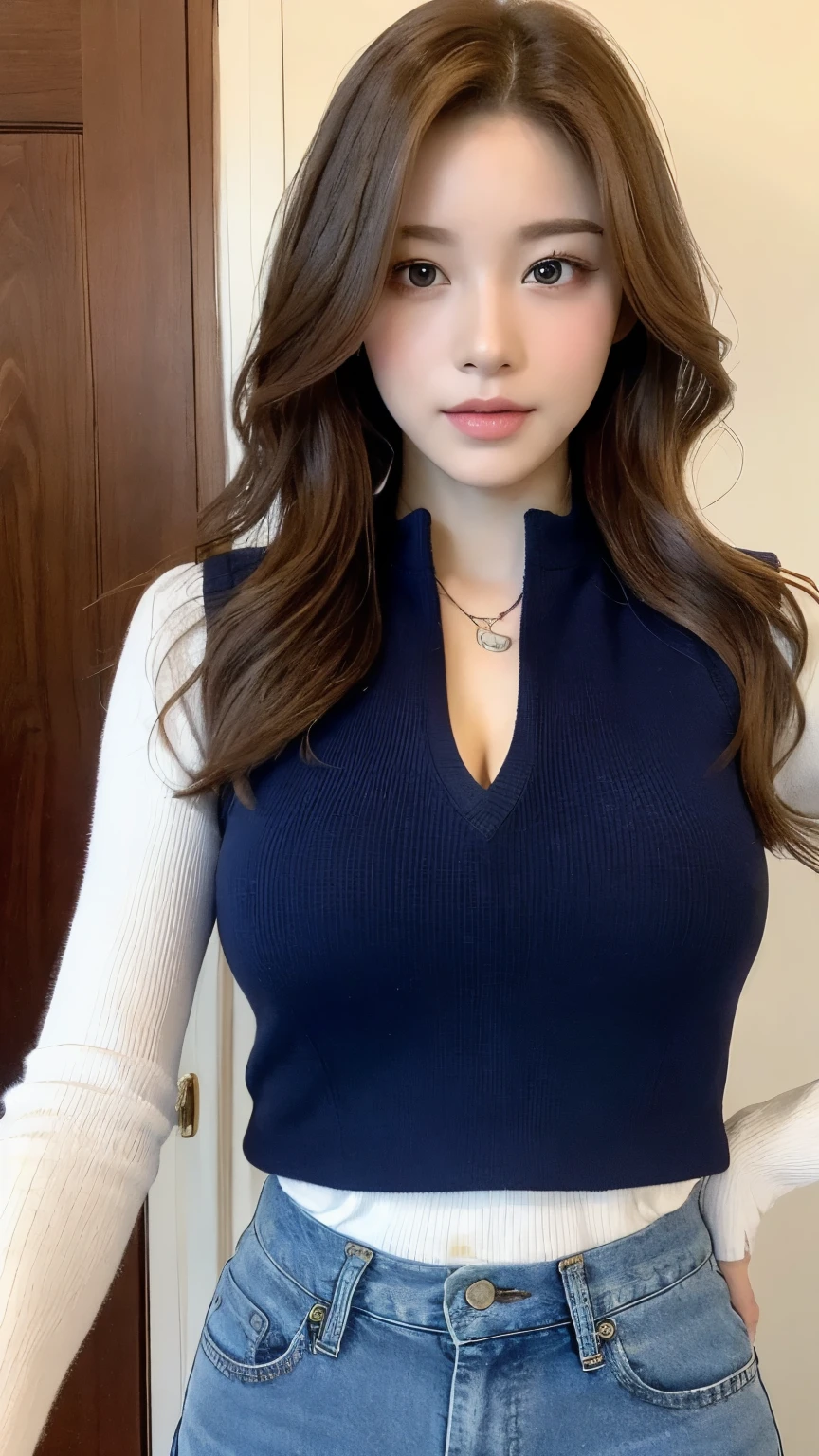 （lifelike， high resolution：1.3）， 1 girl with a perfect figure， The face shape and eyes are super beautiful，Long hair， Random color vest：1.2， Short jeans， Big ，Showing cleavage