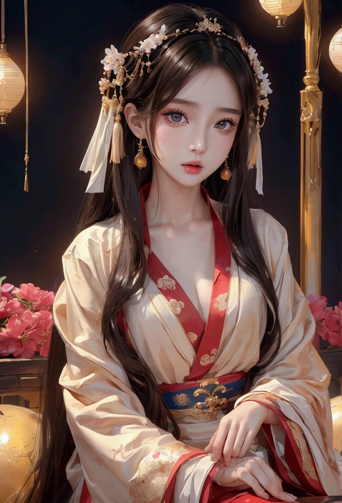 Best image quality、8K、masterpiece:1.3))、Realistic high-quality photos、Highest quality、 Beautiful face、Photos of slim models、Beautiful girl model、Young and pretty face、Beautiful model girl、A lovely and delicate face、Black Hair、Beautiful brown eyes、Young Body、Hanfu, (emphasize)、from the front、Camera gaze,、Anatomically correct、胸の谷間をemphasize、whole body、13-year-old female model