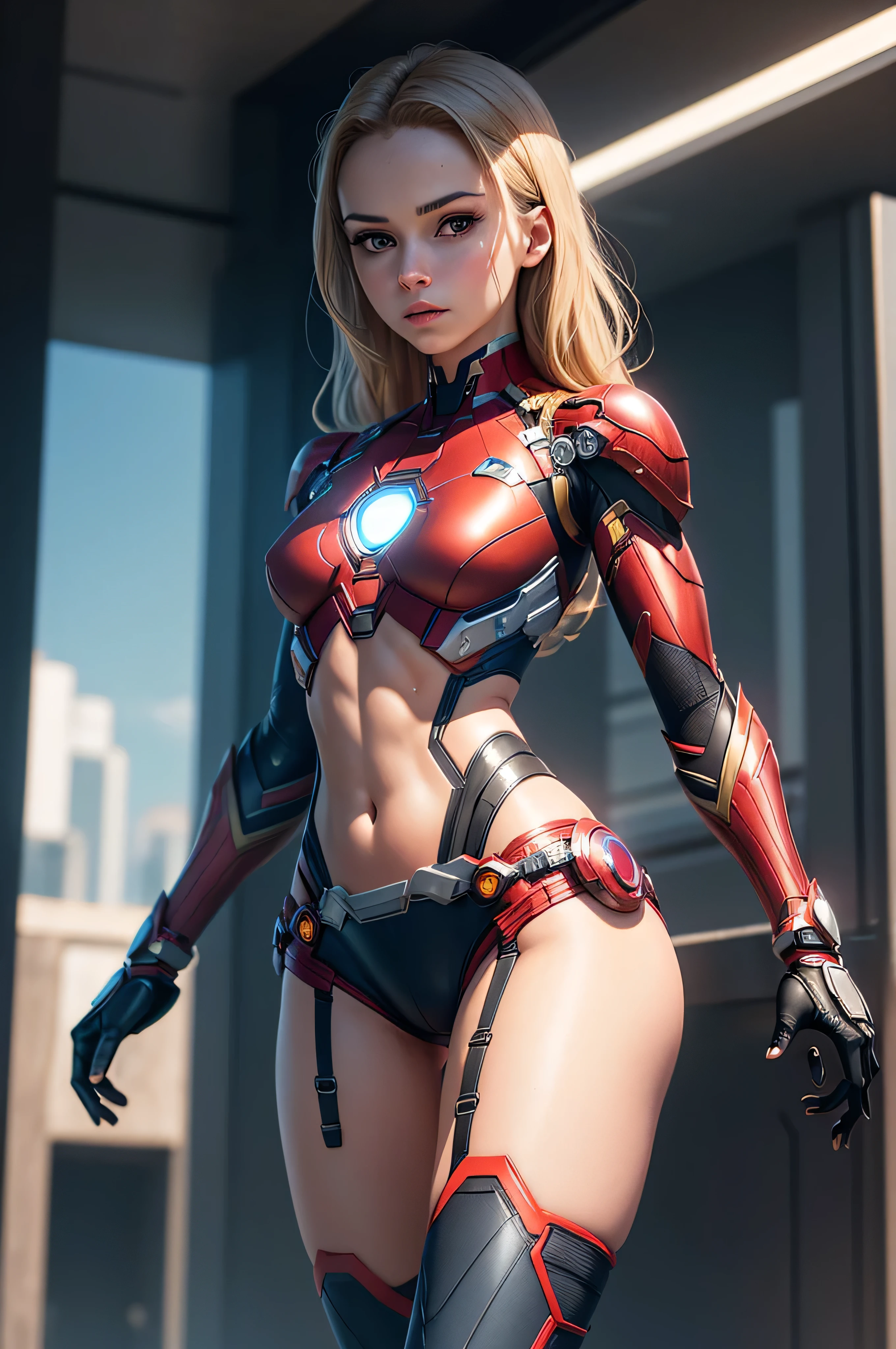 ((masterpiece, 8K, 3D, Realistic, Super Detail)), (1girl:1.3), slender 16 age, Ultra Micro photography, Melissa Benoist Super realistic, Perfect face, 16K resolution, 4k resolution, The photo was taken from the Front, facing to the photographer, Foreground photo, dynamic lighting, posing on a pedestal, high-definition resolution, Beautiful features, ((Perfect female Model Slim body)) Beautiful features, Standing pose, ((small hip)), (((2 piece Hotpants-Bikini))), Sci-fi futuristic, ((Iron man armor)) ((bionic Fragmented Super Girl chest armor suit)), ((Exposed slim thighs)), wear mesh metal-stockings, ((slim thighs)), ((bionic Slim thighs Spider man armor)), Front Full body Shot, full body portrait, perfect legs, Iron Man shoes, futuristic city background