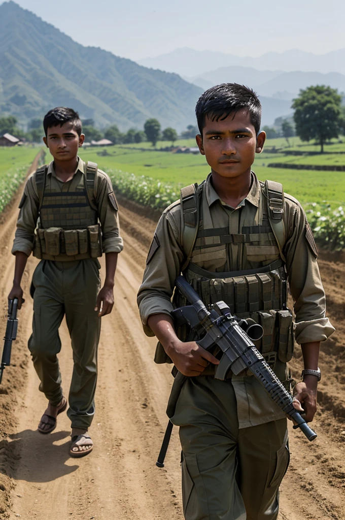 ((best quality)), ((masterpiece)), (detailed), perfect face nepali boys working on a farm carrying m416 on his back massive damage ground after world war