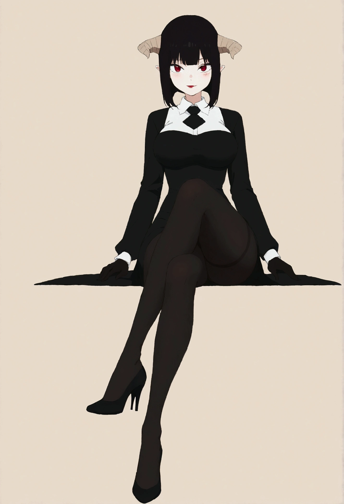 work of art, best qualityer, ultra detali, illustration, colorfully, flat colour, Depth of field, 1 girl, sitting down, Bblack hair, horns on head, Eyes red, , gazing at viewer, in the office, black business dress, pantyhose, black pantyhose, Detailed texture skin, detailed cloth texture, beautifull detailed face,Grinning,face red,blushed,legs crossed,big breasts,black highheels,fully body
