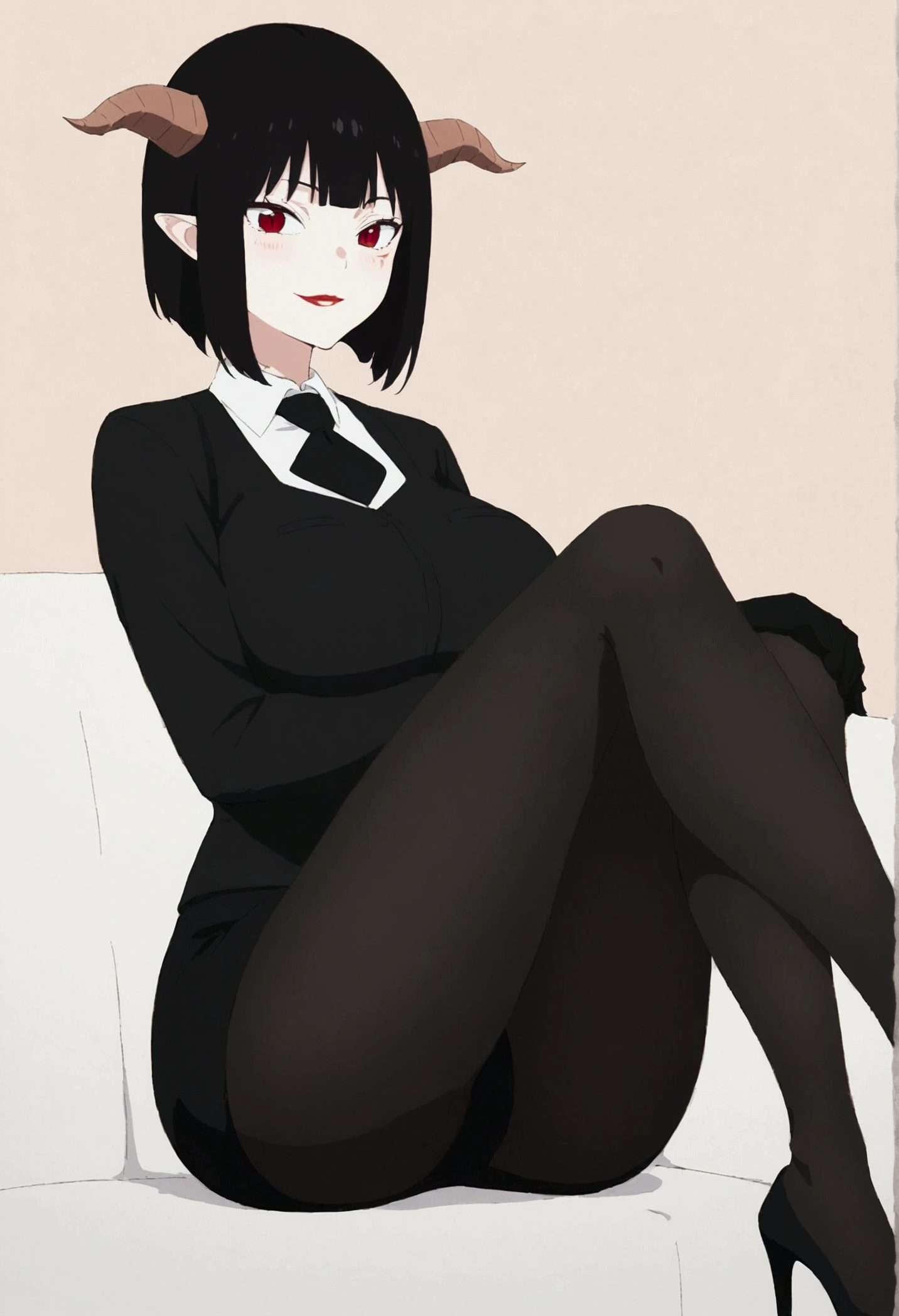 work of art, best qualityer, ultra detali, illustration, colorfully, flat colour, Depth of field, 1 girl, sitting down, Bblack hair, horns on head, Eyes red, , gazing at viewer, in the office, black business dress, pantyhose, black pantyhose, Detailed texture skin, detailed cloth texture, beautifull detailed face,Grinning,face red,blushed,legs crossed,big breasts,black highheels,fully body