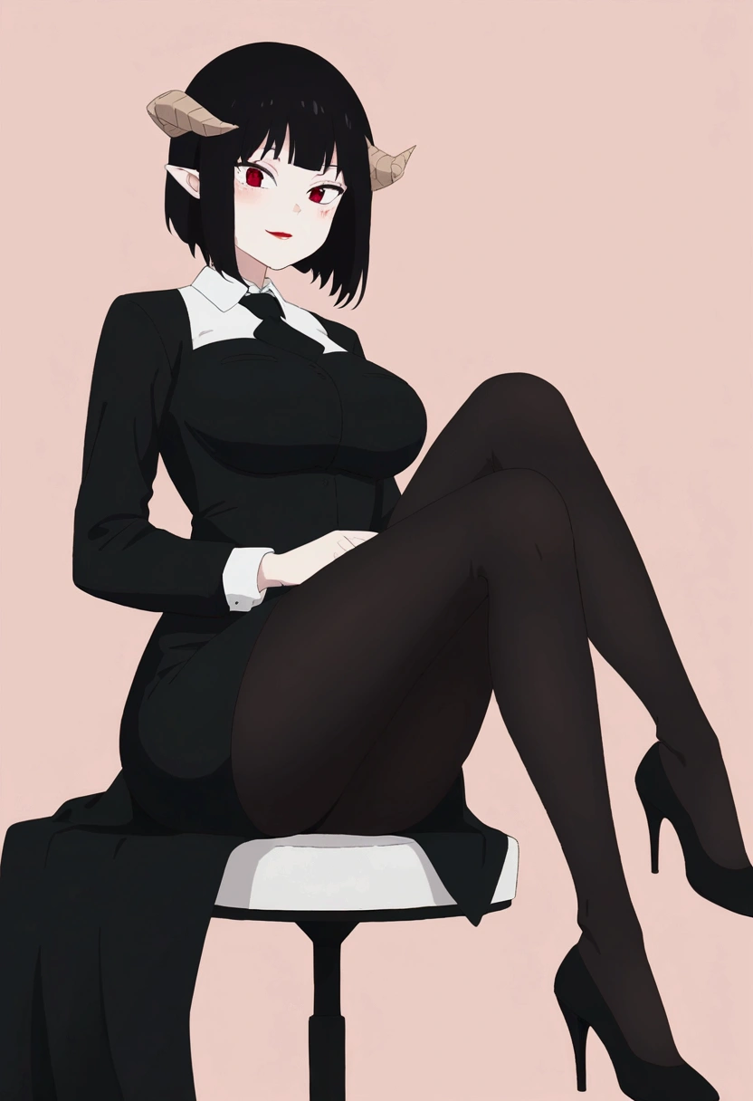 work of art, best qualityer, ultra detali, illustration, colorfully, flat colour, Depth of field, 1 girl, sitting down, Bblack hair, horns on head, Eyes red, , gazing at viewer, in the office, black business dress, pantyhose, black pantyhose, Detailed texture skin, detailed cloth texture, beautifull detailed face,Grinning,face red,blushed,legs crossed,big breasts,black highheels,fully body
