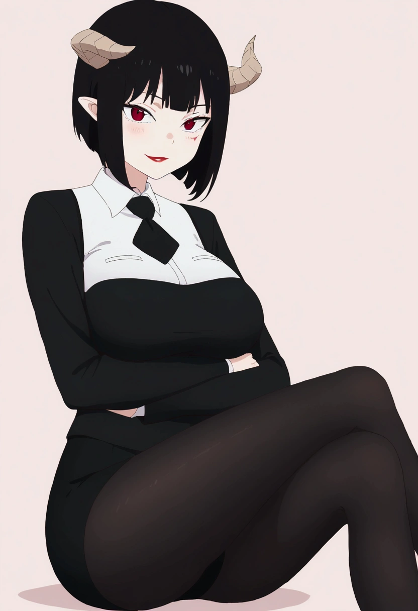 work of art, best qualityer, ultra detali, illustration, colorfully, flat colour, Depth of field, 1 girl, sitting down, Bblack hair, horns on head, Eyes red, , gazing at viewer, in the office, black business dress, pantyhose, black pantyhose, Detailed texture skin, detailed cloth texture, beautifull detailed face,Grinning,face red,blushed,legs crossed,big breasts,black highheels,fully body
