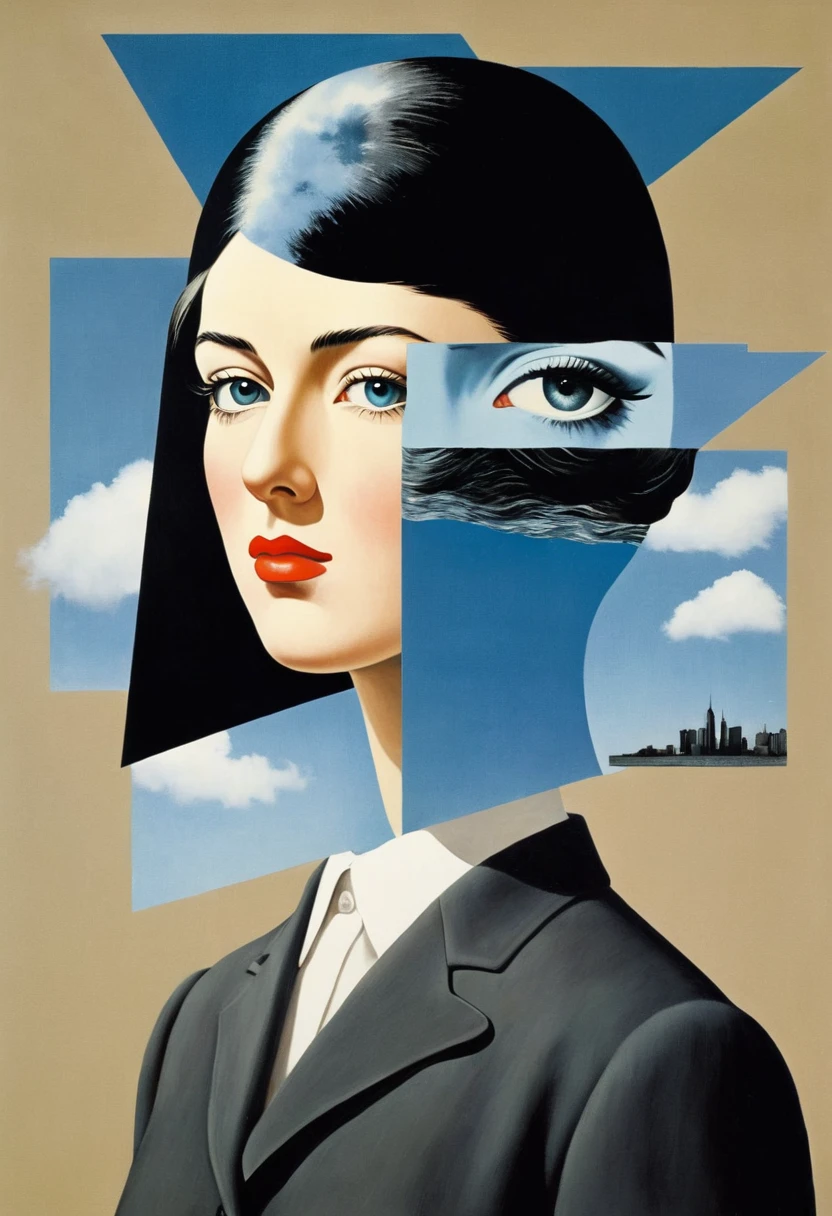 René Magritte,multi-layered collage,有一张女人脸的Collage画,There are many different things on the face,Geometric Dislocation,Collage,Artistic sense,Painting,paint,Simple,