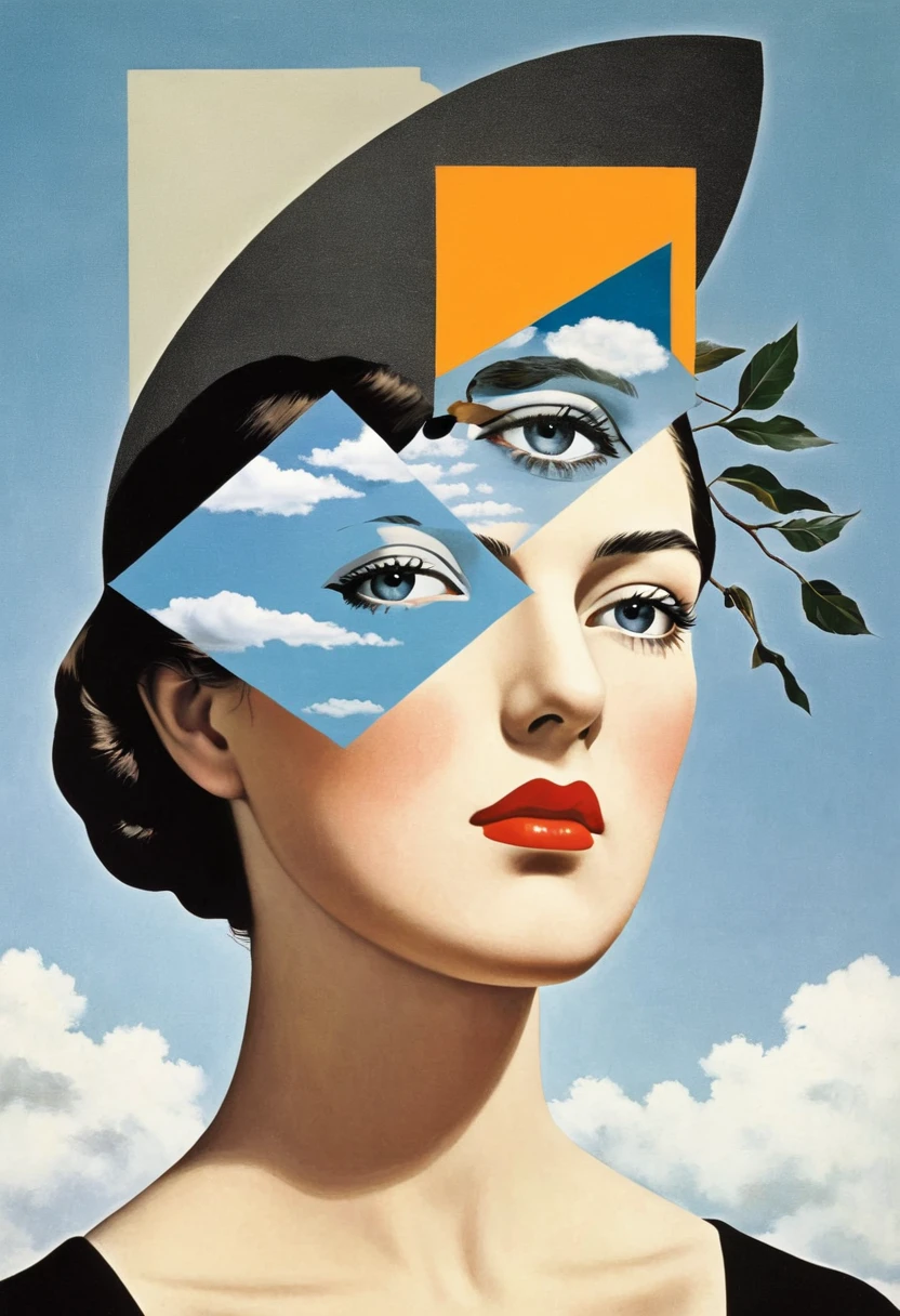 René Magritte，multi-layered collage，有一张女人脸的Collage画，There are many different things on the face，Geometric Dislocation，Collage，Artistic sense，Painting，paint，Simple，