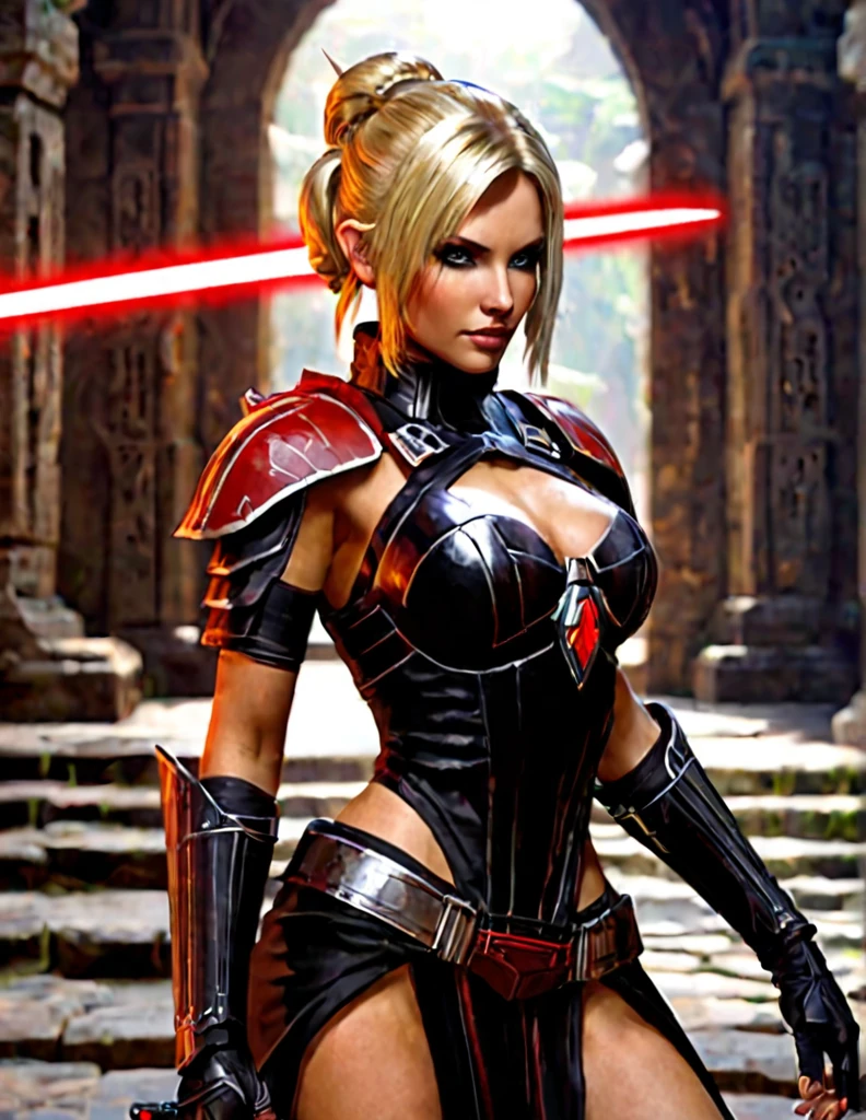 Une femme aux cheveux longs blonde, seule,  apparence sensuelle, seigneur sith, inspiré de star Wars old republic, en armure moulante noir, marche dans des ruines d'un temple sith de koriban sombre, sabre laser rouge en main, a un regard fort, des yeux doré, un visage doux  et autoritaire , démarche gracieuse, courbes parfaite pour le corps en sablier, hanche ronde en forme de coeur.