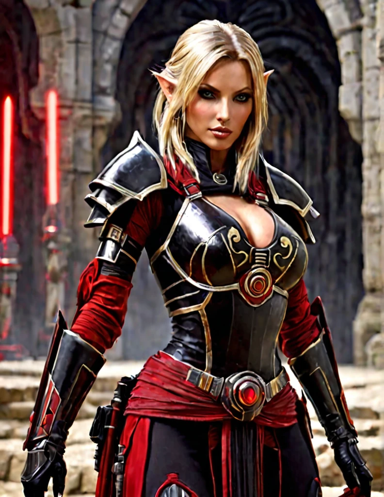 Une femme aux cheveux longs blonde, seule, apparence sensuelle, seigneur sith, inspiré de star Wars old republic, en armure moulante noir, marche dans des ruines d'un temple sith de koriban sombre, sabre laser rouge en main, a un regard fort, des yeux doré, un visage doux et autoritaire , démarche gracieuse, courbes parfaite pour le corps en sablier, hanche ronde en forme de coeur.