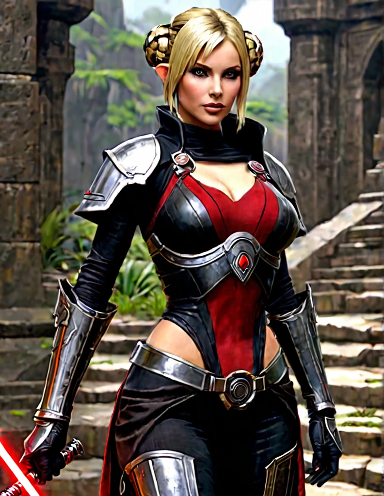 Une femme aux cheveux longs blonde, seule,  apparence sensuelle, seigneur sith, inspiré de star Wars old republic, en armure moulante ????, marche dans des ruines d'un temple sith de koriban sombre, sabre laser rouge en main, a un regard fort, des yeux doré, un visage doux  et autoritaire , démarche gracieuse, courbes parfaite pour le corps en sablier, hanche ronde en forme de coeur.
