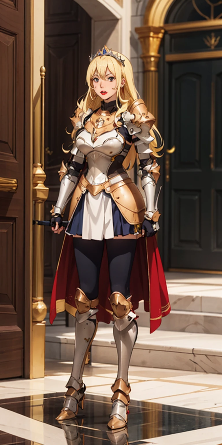 Full body 1chicasolo, long_Hair,jewelry, superior_body, lipstick, pindiintes, layer, armor, tiara, corona, shoulder_armor, red gauntlets, shoulder pads, breastpline, female knight, golden shinny armor, cheered up_Colorant, looking_in_viewer