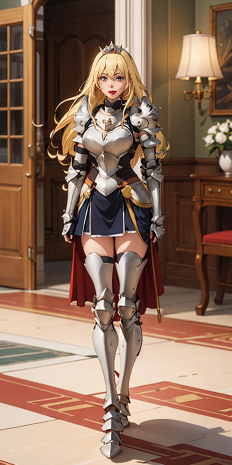 Full body 1chicasolo, long_Hair,jewelry, superior_body, lipstick, pindiintes, layer, armor, tiara, corona, shoulder_armor, red gauntlets, shoulder pads, breastpline, female knight, golden shinny armor, cheered up_Colorant, looking_in_viewer