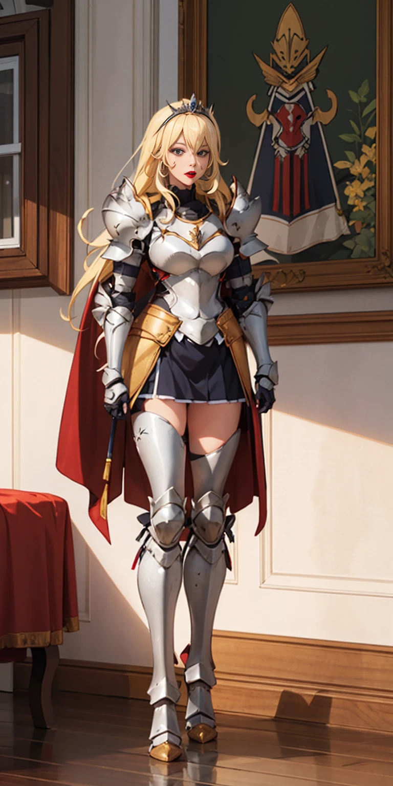 Full body 1chicasolo, long_Hair,jewelry, superior_body, lipstick, pindiintes, layer, armor, tiara, corona, shoulder_armor, red gauntlets, shoulder pads, breastpline, female knight, golden shinny armor, cheered up_Colorant, looking_in_viewer