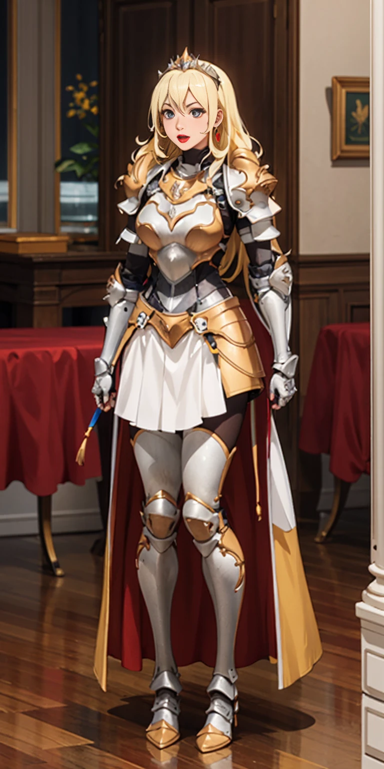 Full body 1chicasolo, long_Hair,jewelry, superior_body, lipstick, pindiintes, layer, armor, tiara, corona, shoulder_armor, red gauntlets, shoulder pads, breastpline, female knight, golden shinny armor, cheered up_Colorant, looking_in_viewer