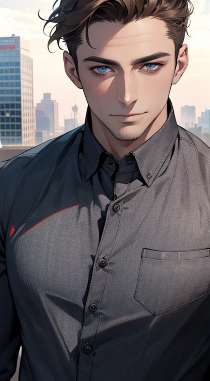 (best quality,4k,8k,highres,masterpiece:1.2),ultra-detailed,(realistic,photorealistic,photo-realistic:1.37),1 man,31 years old,mature man,very handsome,without expression,smile,short grey brown hair,blue eyes,penetrating gaze,perfect face without errors,imposing posture,businessman,office background,cinematic lighting,hdr image