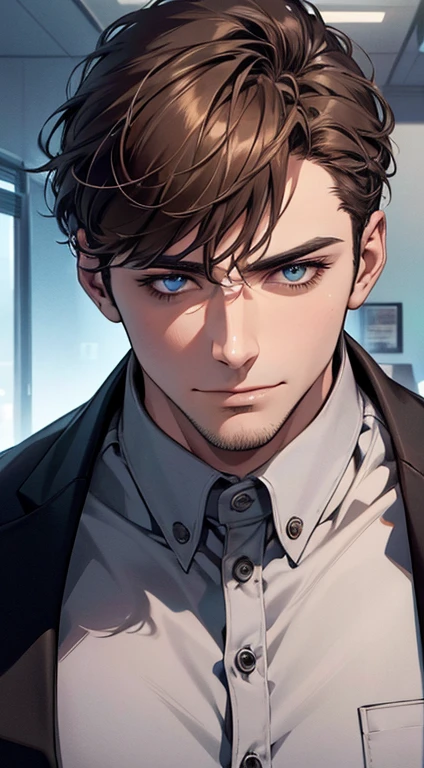 (best quality,4k,8k,highres,masterpiece:1.2),ultra-detailed,(realistic,photorealistic,photo-realistic:1.37),1 man,31 years old,mature man,very handsome,without expression,smile,short grey brown hair,blue eyes,penetrating gaze,perfect face without errors,imposing posture,businessman,office background,cinematic lighting,hdr image