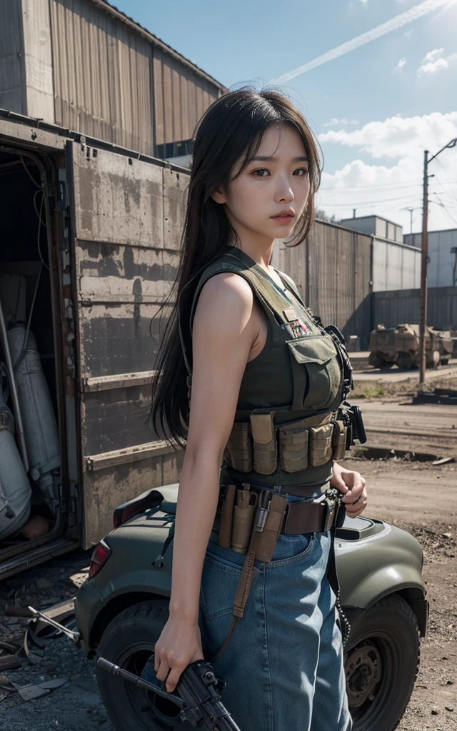 (Ultra-high resolution，High-resolution details，best quality,8K,Realistic photos,Realistic skin texture),A beautiful Japanese American female soldier is about to get off the vehicle, With automatic rifle, Wearing a bulletproof vest, In front of a huge abandoned factory, Pipes mounted on the wall, In front of a crumbling wall, military vehicle, 