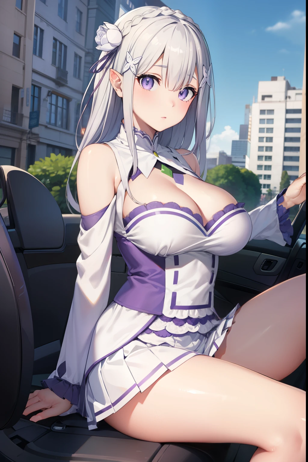 RezeroEmilia, emilia, braid, crown braid, flower, hair flower, hair ornament, hair Love, wide, pointy ears, (purple eyes:1.2), by white, x hair ornament,
BREAK detached neck, separate sleeves, mangas con steering wheels, steering wheels, long sleeves, miniSkirt, pleated Skirt, Love, Skirt, Thighs, white Skirt, white sleeves, white Thighs, wide sleeves, The Great Passage,
REST outdoors, City,
REST looking at the viewer, BREAK (Masterpiece:1.2), Best Quality, high resolution, unity wallpaper 8k, (illustration:0.8), (Beautiful detailed eyes:1.6), extremely detailed face, perfect lighting, Extremely detailed CG, (perfect hands, perfect anatomy), big breasts, deep neckline, big breasts, deep neckline, NSFW