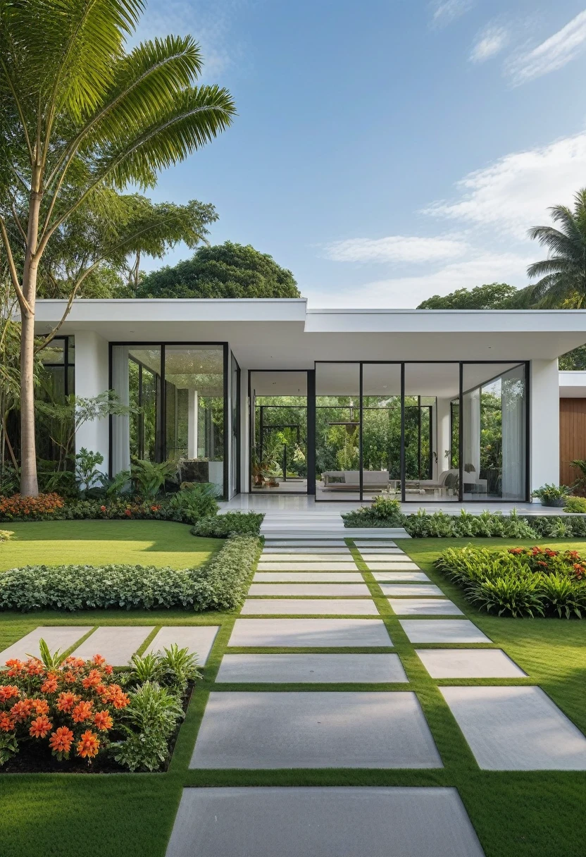 A hyper-realistic image of a modern one-story house with a minimalist design, featuring a combination of white and glass materials. The house has a flat roof, large floor-to-ceiling glass windows, and a spacious front yard. The entrance is flanked by lush greenery and well-maintained garden paths with concrete pavers and grass. The garden includes various tropical plants and trees. The overall ambiance is serene and contemporary, with detailed textures and realistic lighting, shadows, and reflections. The colors are bright and clean, showcasing the beauty of the materials and the surrounding garden environment. The lighting gives a vibrant midday feel.
