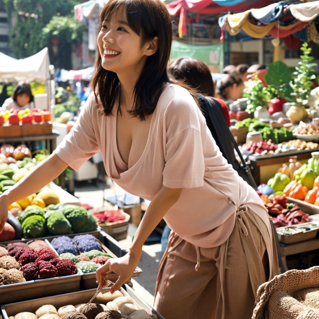 (Beautiful Face)、((Beautiful Japanese))、Japanese women、alone、((Leaning forward:1.3))、(Sharp focus :1.4)、(Chubby body type)、My cheeks are red.、(Laugh shyly:1.15)、Nasolabial folds、White skin、The allure of sex、Absurd、((Big and soft breasts))、(Breast bulge accentuated through clothes:1.3)、 ((Loose knit shirt))、 Browse Down、Attractive cleavage、Denim pants、 ((((Looking at the camera))))、(Shopping at the morning market:1.5)、Looking at the audience、超High resolution、High resolution、high resolution、In 8K、Realistic pictures、Real Live Action、RAW Photosgraphy、RAW Photos、Highest quality、masterpiece、Tabletop、very nice、only、Beautiful poop、(Photorealistic:1.37)、Photon Mapping、Realistic、物理ベースのonlyダリング、Written boundary depth、Blurred Background、