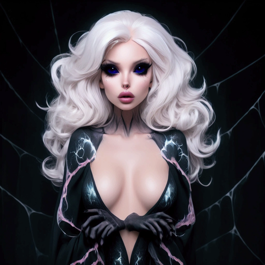 Solo, 1girl, (ThePit Bimbo:1.2), white hair styled in loose waves, black dress, Elvira dress, cleavage focus, dark makeup, spider web background, 8k, high definition, huge resolution, (huge lips:1.2), moody lighting, glowing skin, nipple definition, blue eyes, eyelashes, high cheekbones, bubble butt, narrow waist, wide hips, huge breasts, breast enhancements, sexual expression,
