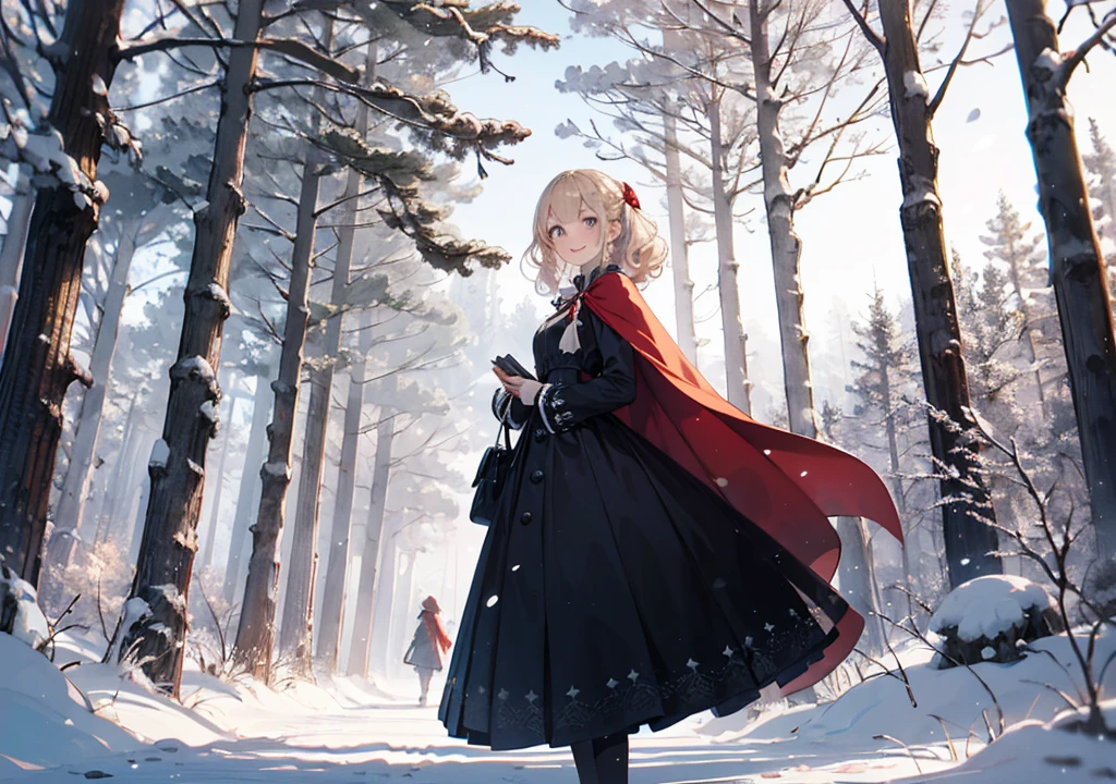 Realistic photos, Focus distance 10mm, Red and white, A big smile, Beautiful girl, Realistic photos, Focus distance 10mmで撮影, masterpiece, 最high quality, high quality, Very detailed CG 8k wallpaper unit, Award-winning photography, Depth of written boundary, High resolution, bloom, chromatic aberration, Realistic, Very detailed, Art Station Trends, CGsociety Trends, Complex, High detail, dramatic, Art on the go, volumetric lighting, A lovely girl with curly blonde hair, in a royal blue dress with a red cape, inspired by Disney's Cinderella in a winter setting, standing in a snowy forest with twinkling lights