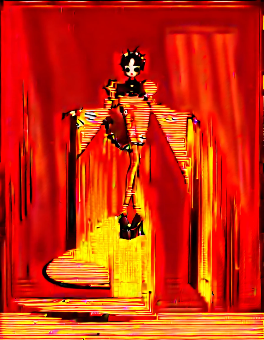 pretty maid girl dressed in a halloween outfit, in the style of anime art, light orange and dark black, indoors, Gorgeous banquet hall, white thighhighs, platform heels, orange and black, gothic style dress, vintage rococo style dress, --ar 9:16