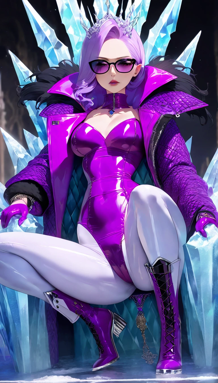 ((Super realistic details)) Shadow、octan render、8K、ultrasharp、Steampunk Body、Details of complex ornaments、cold color、Gothloli details、highly intricate detail、Realistic light、CGSoation Trends, radiant eyes featuring a stylish and confident evil ice queen, she has an arrogant look .modern fashion. dressed in bold and fashionable all purple rubber outfits, showcasing a unique combination of elegance and strength. attire includes sleek, form-fitting dressed and bodysuit made of shiny materials, paired with oversize long latex coat that have (((dramatic high collar of coat))), (((high collar of coat))) (((very high and wide collar of coat))), (((collarbone))) and intricate patterns. The colors and designs vary, featuring a long coat with patterned latex coat. outfit is accentuated with latex boots and latex gloves, sunglasses, emphasizing her commanding and poised presence. Highlight her modern, daring fashion sense and her ability to dominate any space with her fashionable and assertive demeanor, sexy pose Sit with your legs apart, Leg spread, on ((ice throne on ice palace)), nudity.