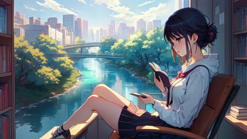 Anime girl reading a book in a library with a river view, Anime Background Art, in Makoto Shinkai&#39;s Style, Tokyo Anime Scene, Makoto Shinkai&#39;s Style, Makoto Shinkai style, Relaxing concept art, Beautiful anime art, Beautiful anime scene, Lo-fi Girl, Makoto Shinkai&#39;s art style, Inspired by Makoto Shinkai