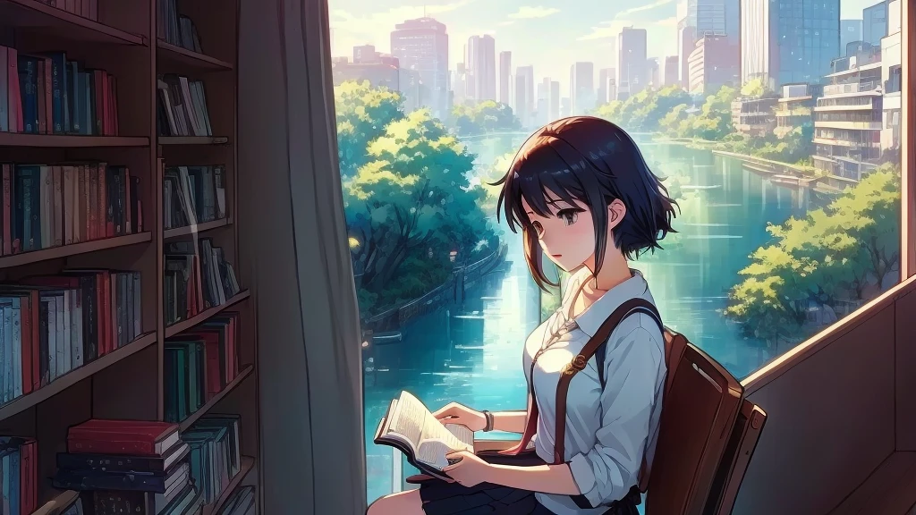 Anime girl reading a book in a library with a river view, Anime Background Art, in Makoto Shinkai's Style, Tokyo Anime Scene, Makoto Shinkai's Style, Makoto Shinkai style, Relaxing concept art, Beautiful anime art, Beautiful anime scene, Lo-fi Girl, Makoto Shinkai's art style, Inspired by Makoto Shinkai